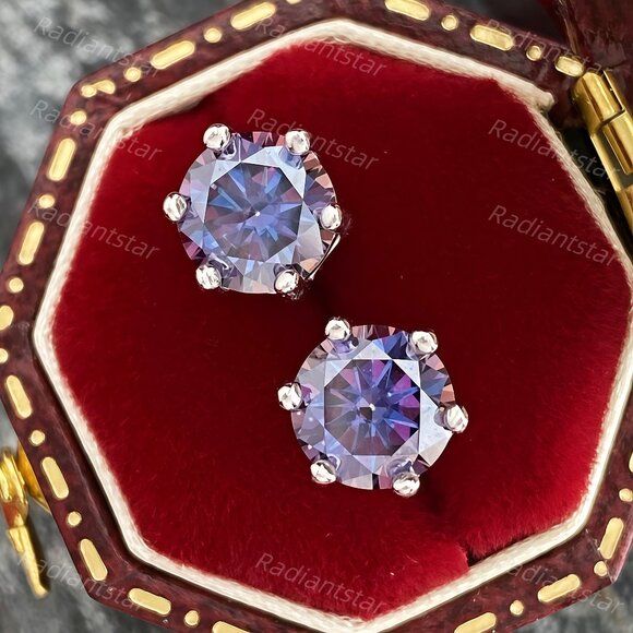 NEW Certified 2ct. Imperial Purple Moissanite 6 Prone Solitaire Stud Earrings - Picture 1 of 7